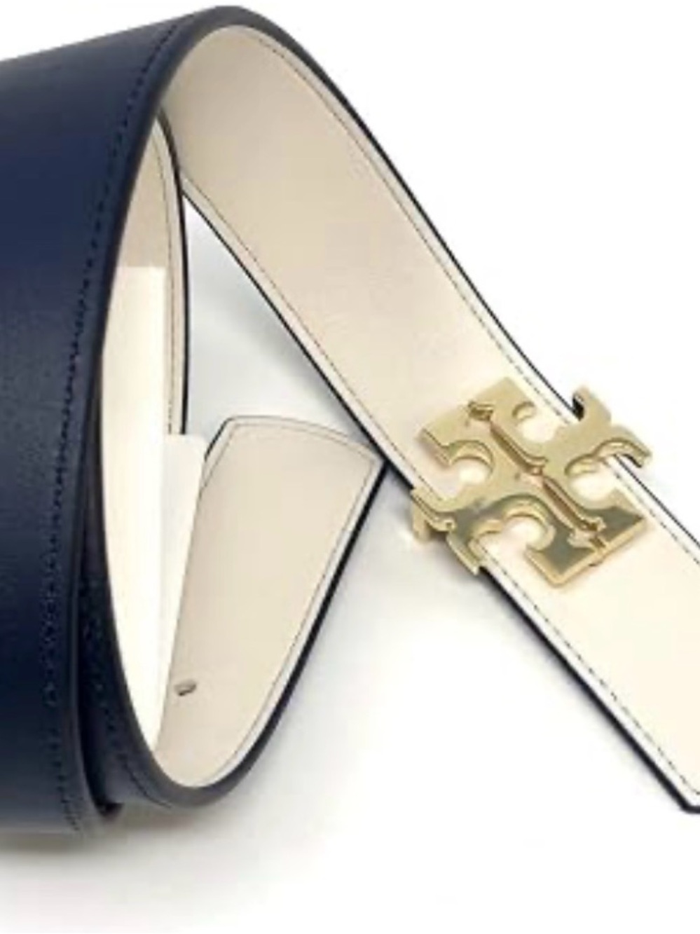 Tory Burch Navy Leather Belt with Gold Logo Buckle - Picture 11 of 12